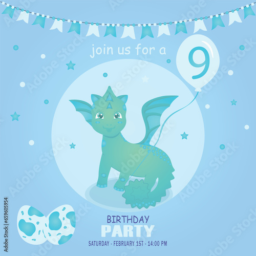 Cute baby boy dragon and dinosaur character, birthday invitation. 9 year. Vector illustration, eps 10 © Liliy