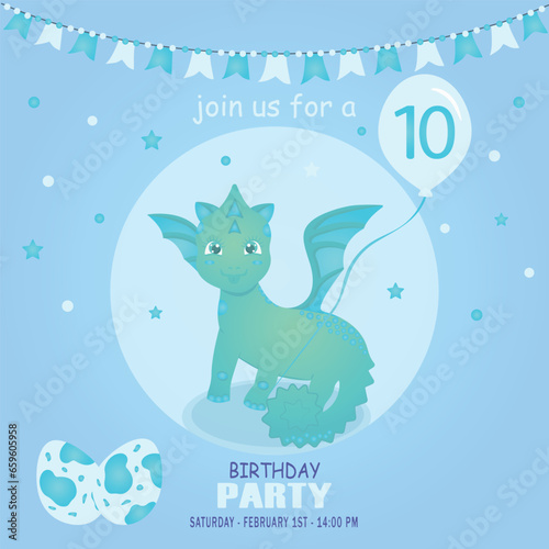 Cute baby boy dragon and dinosaur character, birthday invitation. 10 year. Vector illustration, eps 10 © Liliy