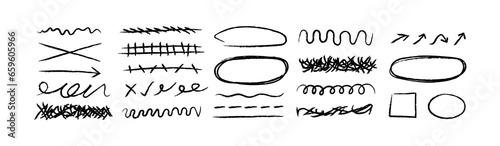 Pencil scribble line, emphasis arrow, hand-drawn highlight circle set. Charcoal or marker doodle rough scratches. Curves, waves, stripes, squiggles in marker sketch style (Full Vector)