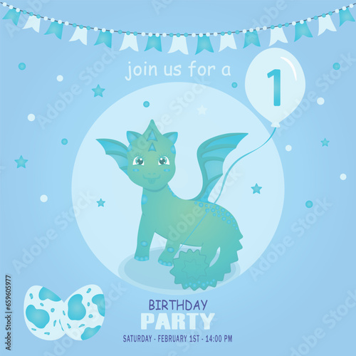 Cute baby boy dragon and dinosaur character, birthday invitation. 1 year. Vector illustration, eps 10 © Liliy
