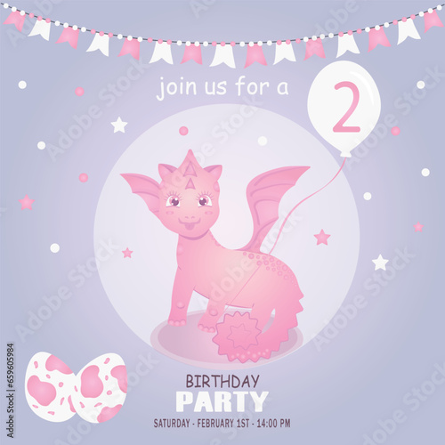 Cute baby girl dragon and dinosaur character, birthday invitation. 2 year. Vector illustration, eps 10 © Liliy