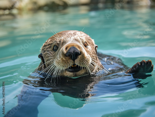 A cute and cheerful sea otter enjoying a carefree moment while floating on its back.