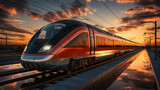 Sunset casts a warm glow on a high-speed passenger train as it speeds through a rural industrial landscape..