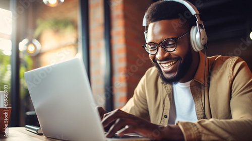Radiating happiness, a young man of African American heritage, wearing glasses and headphones, is seated with his laptop, dedicated to the task of learning. © ckybe