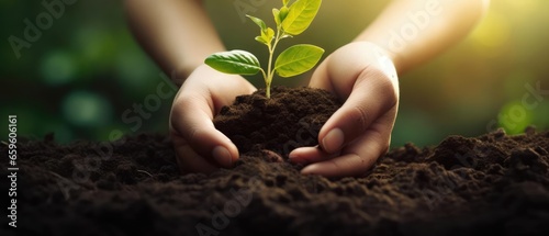 Plant in Hands. Ecology concept. Nature Background 