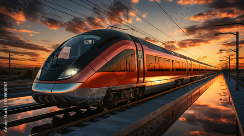 Sunset casts a warm glow on a high-speed passenger train as it speeds through a rural industrial landscape..