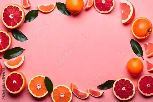 Day with top view photograph highlighting heart symbols conveying emotions, and grapefruits representing femininity on a pastel pink backdrop.