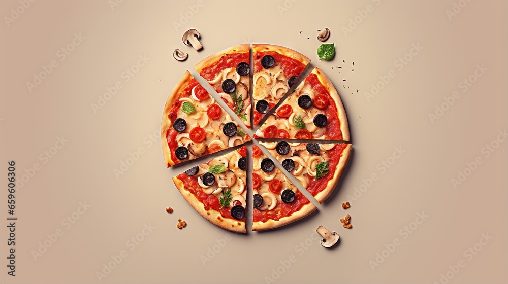  a sliced pizza sitting on top of a table next to a knife.  generative ai