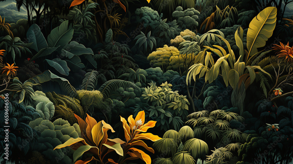 Obraz premium A seamless mural that transports you to a verdant jungle, teeming with trees and tropical plant life..