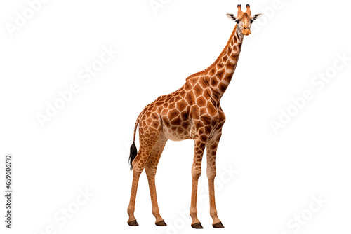 Giraffe isolated on a transparent background. Animal right side view portrait. 