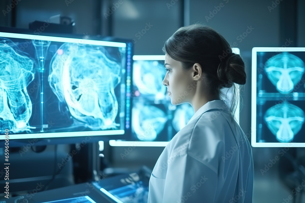 Side view of female medical radiologist doctor looking head and brain x-ray film before surgery in lab office at hospital. Healthcare and education. - obrazy, fototapety, plakaty 