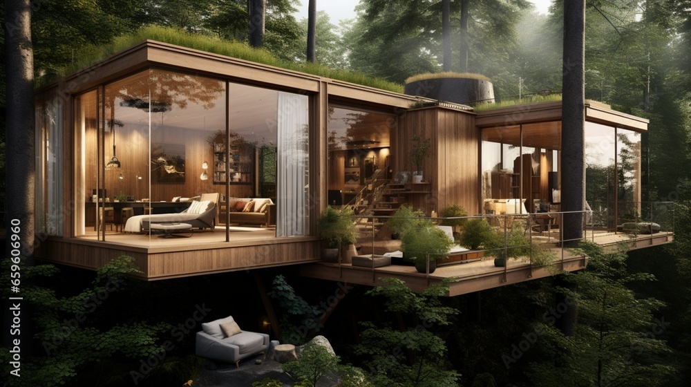 Embrace nature from a modern luxury treehouse with wrap-around glass walls and breathtaking forest views.