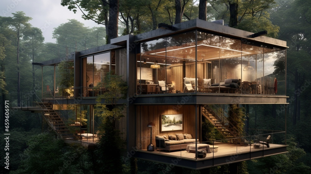 Embrace nature from a modern luxury treehouse with wrap-around glass walls and breathtaking forest views. Embrace nature from a modern luxury treehouse with wrap-around glass walls and breathtaking forest views.