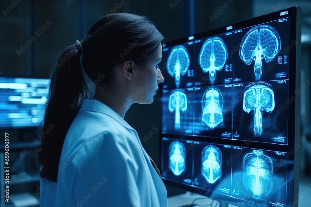 Rear view of female medical radiologist doctor looking head and brain x-ray film before surgery in lab office at hospital. - obrazy, fototapety, plakaty 