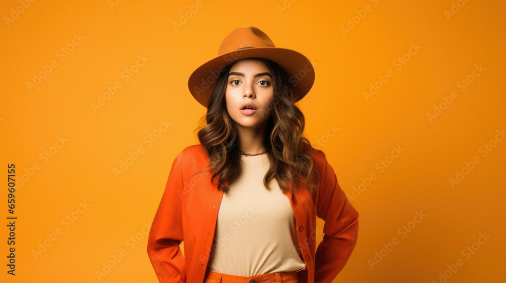 Portrait of beautiful young woman in hat and orange jacket standing isolated over orange background. Portrait of beautiful young woman in hat and orange jacket standing isolated over orange background.