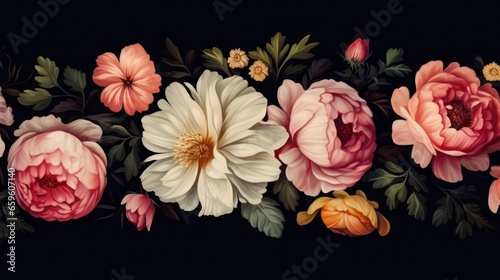 Vintage bouquet of beautiful flowers on black Floral background greeting card 