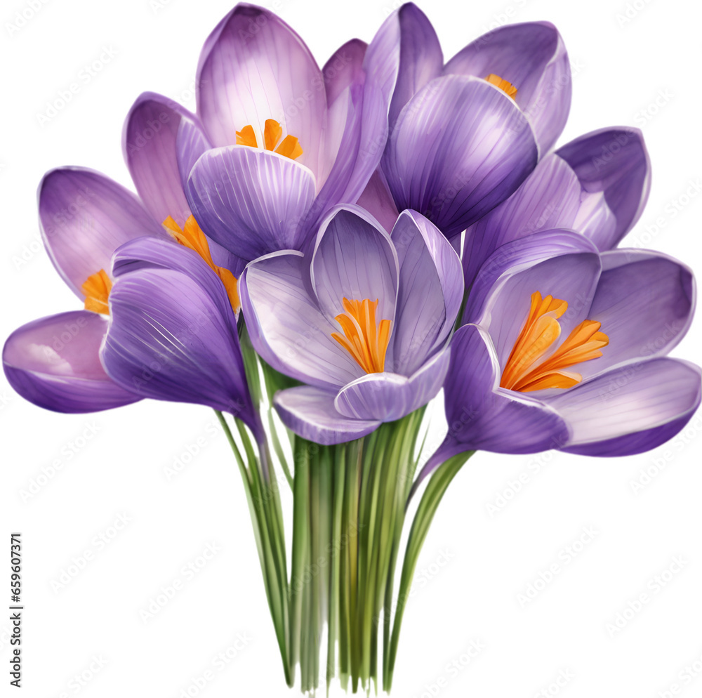 A close-up watercolor drawing of a bouquet of Crocus flowers. AI-Generated. A close-up watercolor drawing of a bouquet of Crocus flowers. AI-Generated.