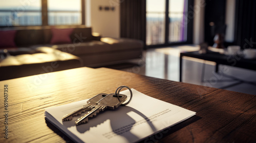 Hotel room or New Home Key and a signed contract paper. Warm positive colors and contrasty light.