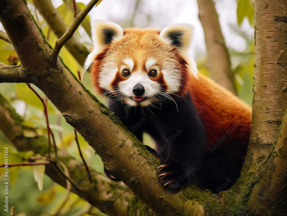 A graceful red panda cautiously climbing a tall tree against a vibrant forest backdrop. A graceful red panda cautiously climbing a tall tree against a vibrant forest backdrop.