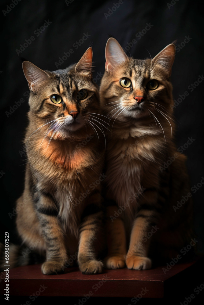 two cats leaning against each other on a black background