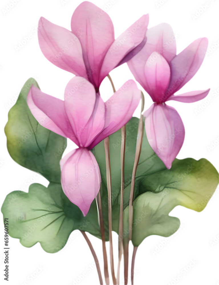 A close-up watercolor drawing of a bouquet of Cyclamen flowers. AI-Generated.