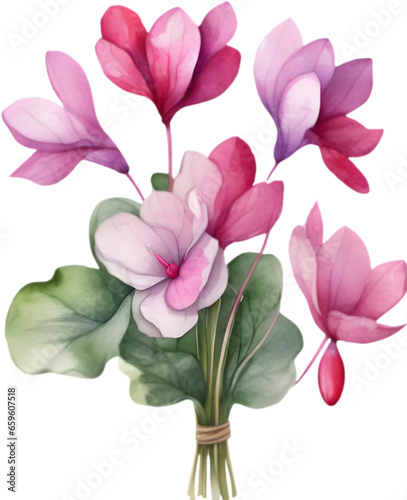 A close-up watercolor drawing of a bouquet of Cyclamen flowers. AI-Generated.