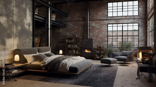 Embrace the industrial vibe in a city loft bedroom with an edgy design scheme. It's a cool and contemporary urban retreat. © ZUBI CREATIONS