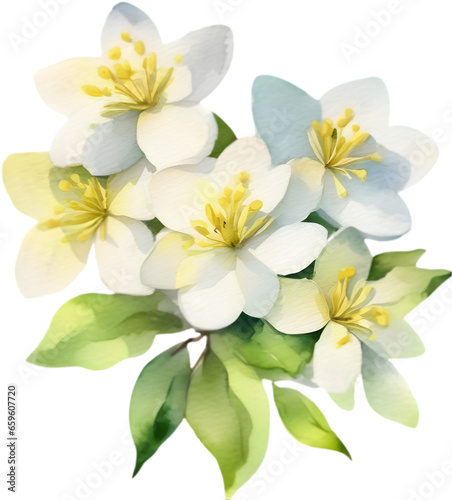 A close-up watercolor drawing of a bouquet of Jasmine flowers. AI-Generated.