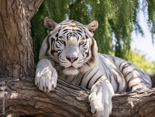 A majestic white tiger relaxes in a serene and cool spot  exuding elegance and tranquility.