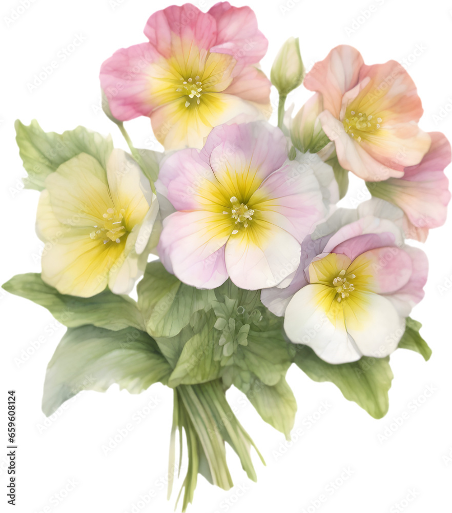 Obraz premium A close-up watercolor drawing of a bouquet of Primrose flowers. AI-Generated.