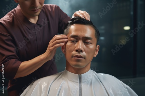 A man is pictured getting his hair cut by a professional barber. This image can be used to showcase barber services or depict a grooming routine.