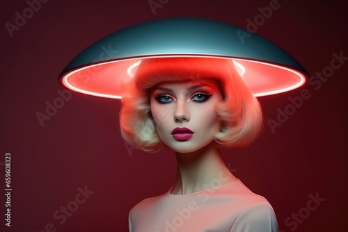 Futuristic retro portrait of a blonde woman with makeup with a surrealistic glowing helmet on her head.