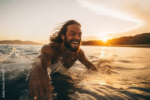 A man skillfully rides a wave on top of a surfboard. This image captures the excitement and athleticism of surfing. It can be used to illustrate water sports, adventure, or the thrill of riding waves. © Fotograf