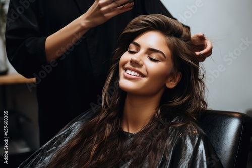 A woman sitting in a salon chair, getting her hair styled by a professional hair stylist. This image can be used to showcase hairstyling services or to depict a pampering session at a salon.