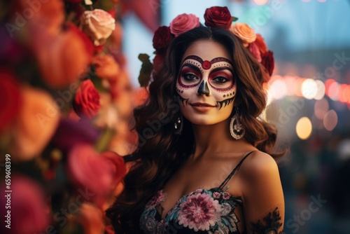 Portrait of an attractive brunette with festive death day art makeup on a background of flowers.