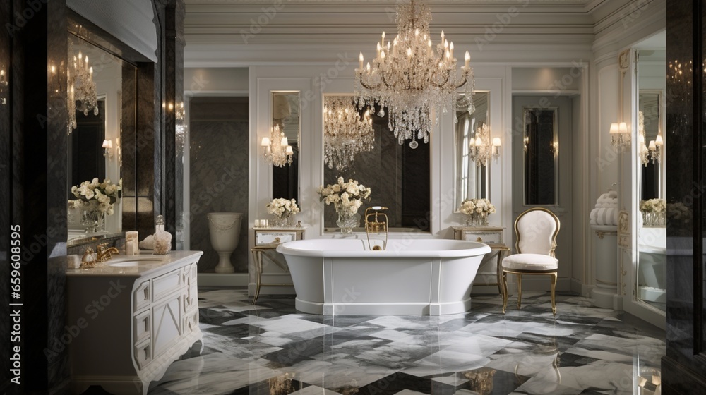 Experience the epitome of luxury in a bathroom adorned with a marble vanity and a crystal ...