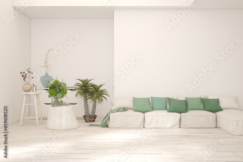 White scandinavian interior design with sofa. 3D illustration