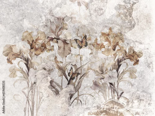 Obraz Beautiful irises with butterflies on the wall. Mural,