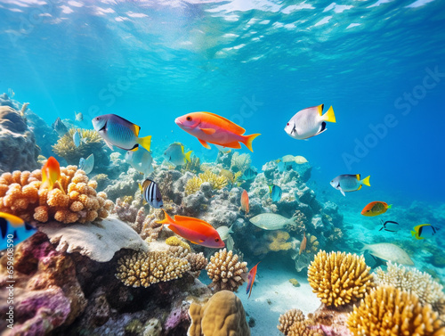 Vibrant tropical fish gracefully swimming amongst coral reef in the deep ocean's serene beauty.