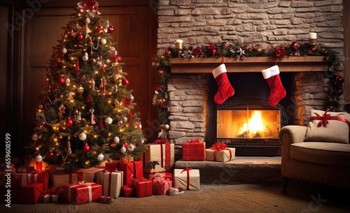 Christmas holidays in the room with fireplace. Christmas tree and gifts in decorated for winter holidays room.