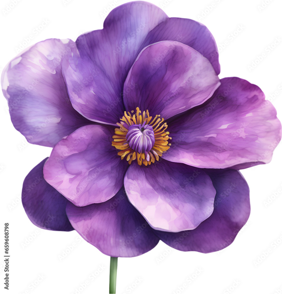 Obraz premium A close-up watercolor drawing of a bouquet of Violet flowers. AI-Generated. 