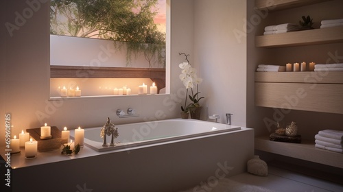 Experience tranquility in a bathroom with a built-in bathtub and recessed lighting, creating a serene atmosphere for relaxation.