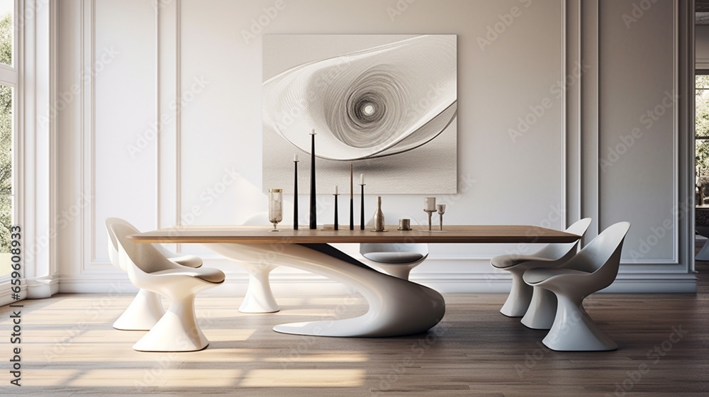 Feast your eyes on a modern white dining table, boasting a sculptural ...