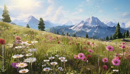 Fototapeta Naklejka Na Ścianę i Meble -  a field of flowers with mountains in the background