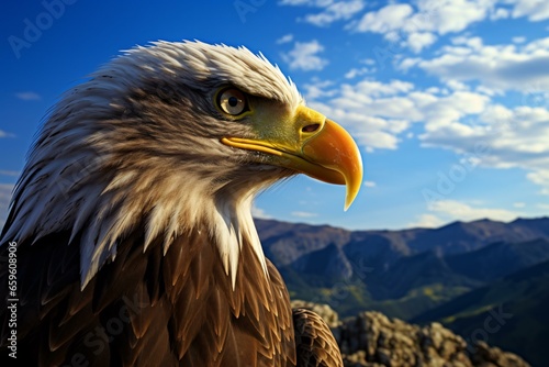 a bald eagle with mountains in the background