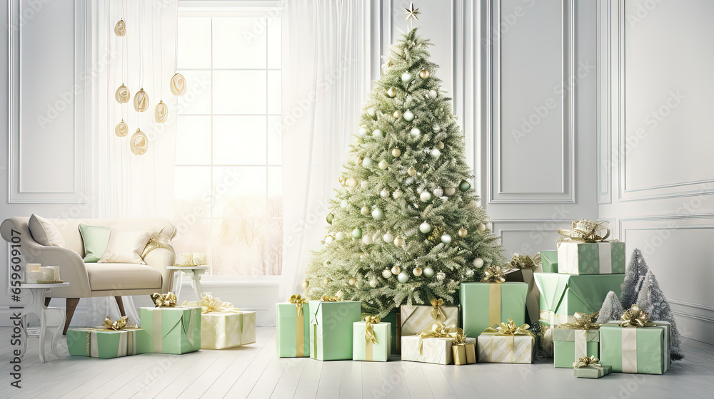 Christmas tree with gifts in the bright room in morning. Winter holidays in light interior.