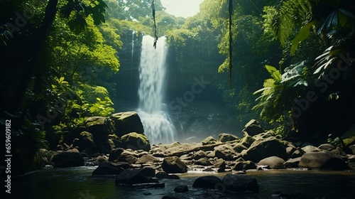 a waterfall in a forest photo