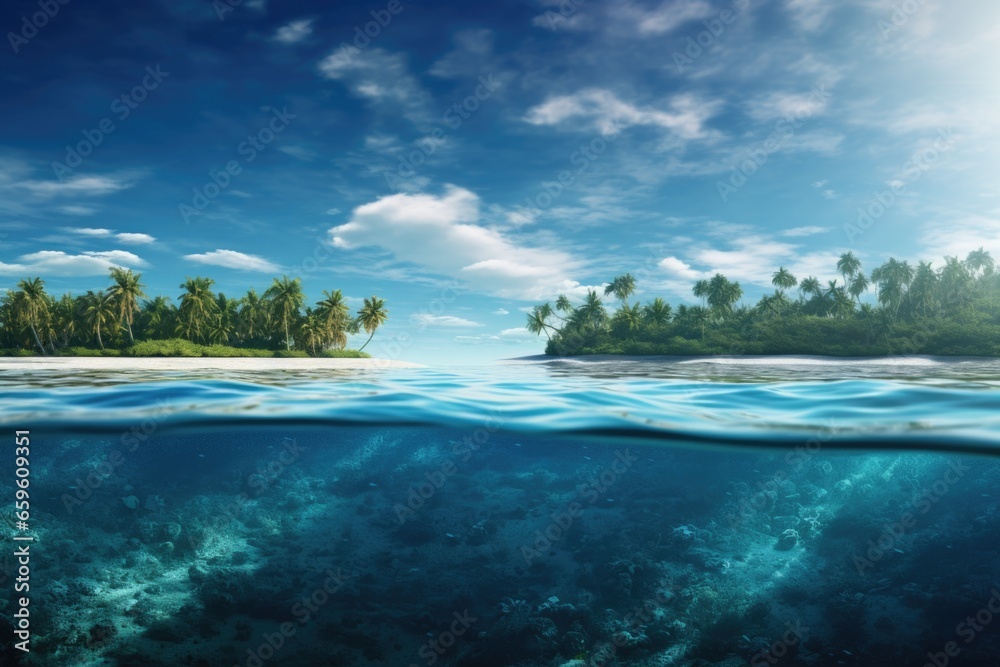 A scenic view of a tropical island as seen from the water. This picture captures the beauty of the island's landscape and its surrounding crystal clear waters. Ideal for travel brochures, vacation adv A scenic view of a tropical island as seen from the water. This picture captures the beauty of the island's landscape and its surrounding crystal clear waters. Ideal for travel brochures, vacation adv