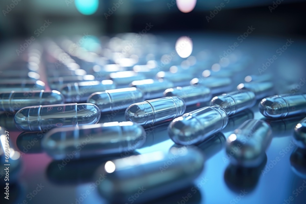 A collection of pills arranged neatly on a table. This image can be used to illustrate healthcare, medicine, addiction, or pharmaceutical concepts.