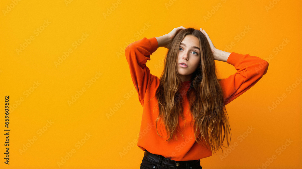 teen girl over orange background raising hands.